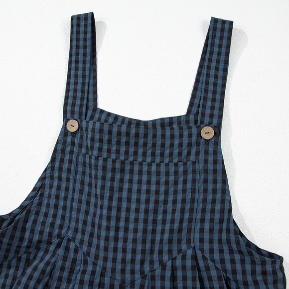 B243 Sail Blue Plaid Print Buttoned Pocketed High Waist Overall - Picture 16 of 16